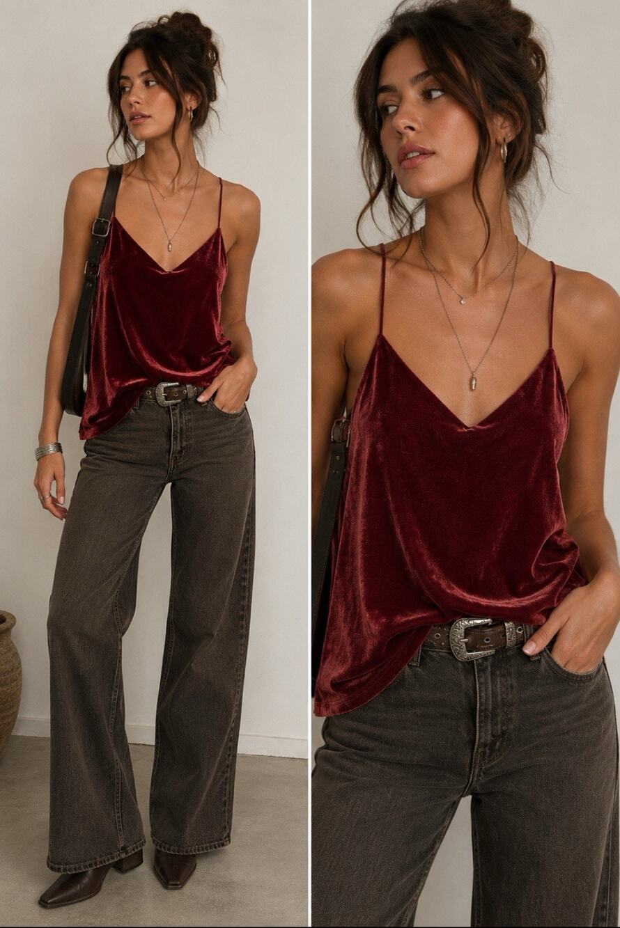 NWT Luxe Boho Romantic Goth Bishop + Young Velvet Racerback Cami Small Burgundy